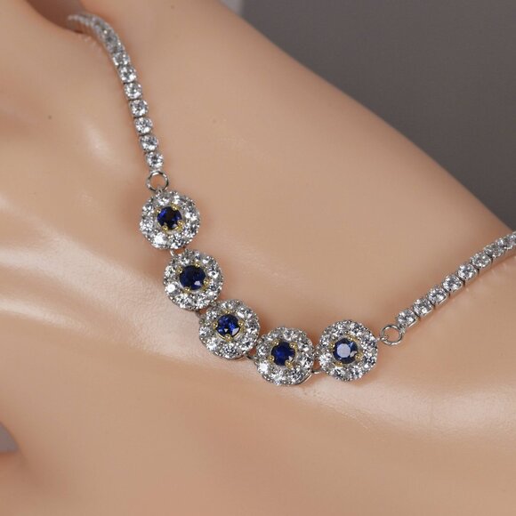 Halo Round Cut Natural Blue Sapphire 925 Sterling Silver Tennis Bracelet, 7" #3 - Picture 4 of 4